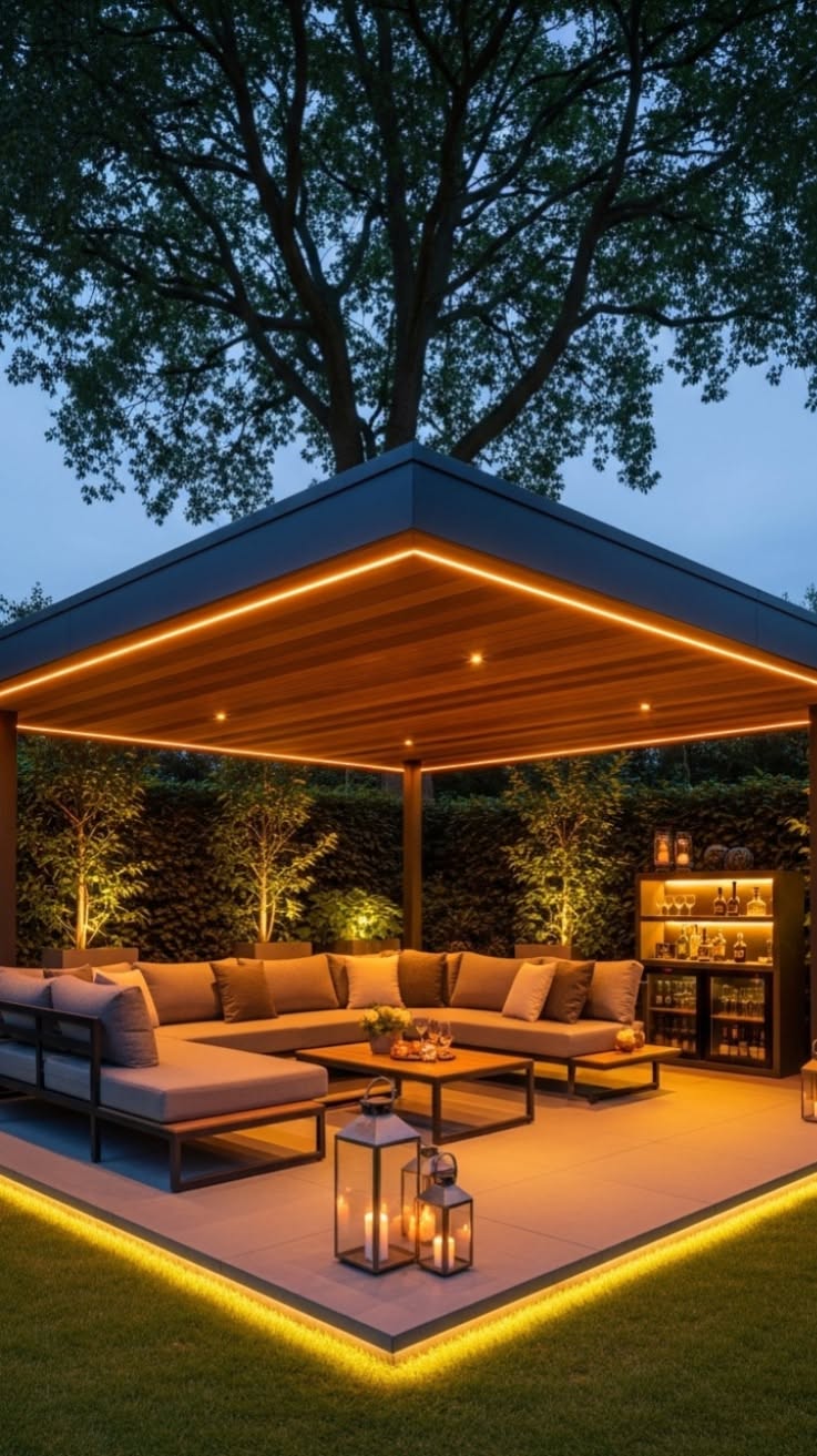 Stylish Outdoor Pavilion with Cozy Seating and Ambient Lighting