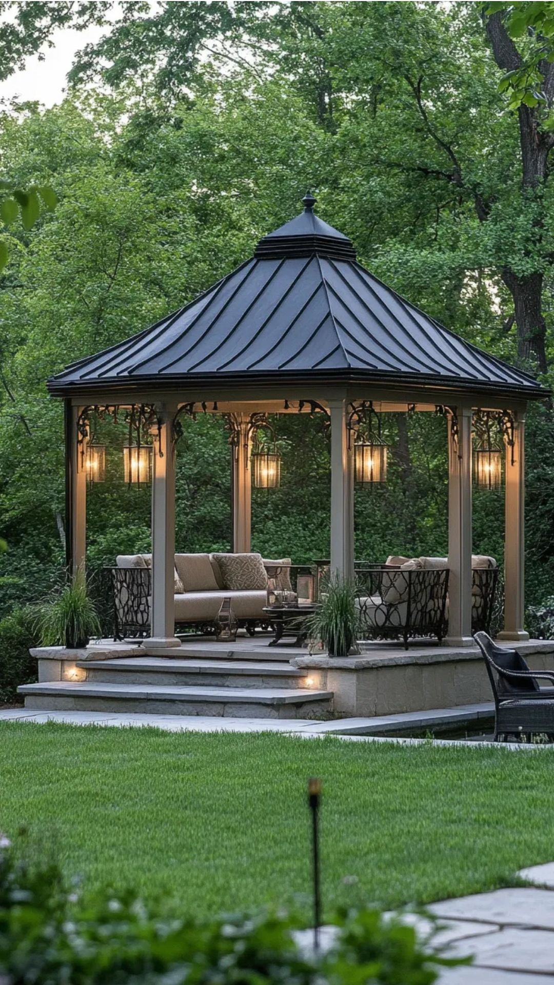 Elegant Gazebo with Cozy Seating in Lush Greenery
